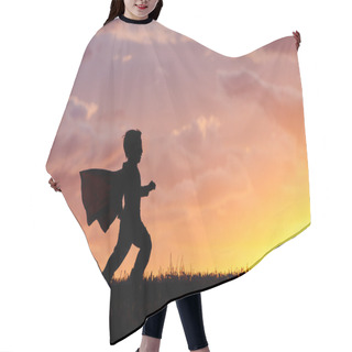 Personality  Boy Plays Super Hero At Sunset. Hair Cutting Cape