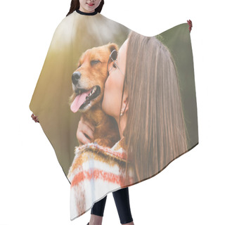 Personality  Woman Kissing Dog. Dog And Owner Together Outdoors. Love For Animals Hair Cutting Cape