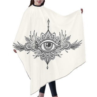 Personality  Abstract Symbol Of All-seeing Eye In Boho  Indian Asian Ethnic Style For Tattoo Black On White For Decoration T-shirt Or For Coloring Page Or Adult Coloring Book. Concept Magic Occultism Esoteric Hair Cutting Cape