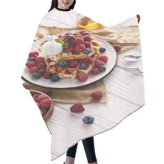 Personality  Freshly Baked Belgian Waffles With Berries On White Wooden Table Hair Cutting Cape