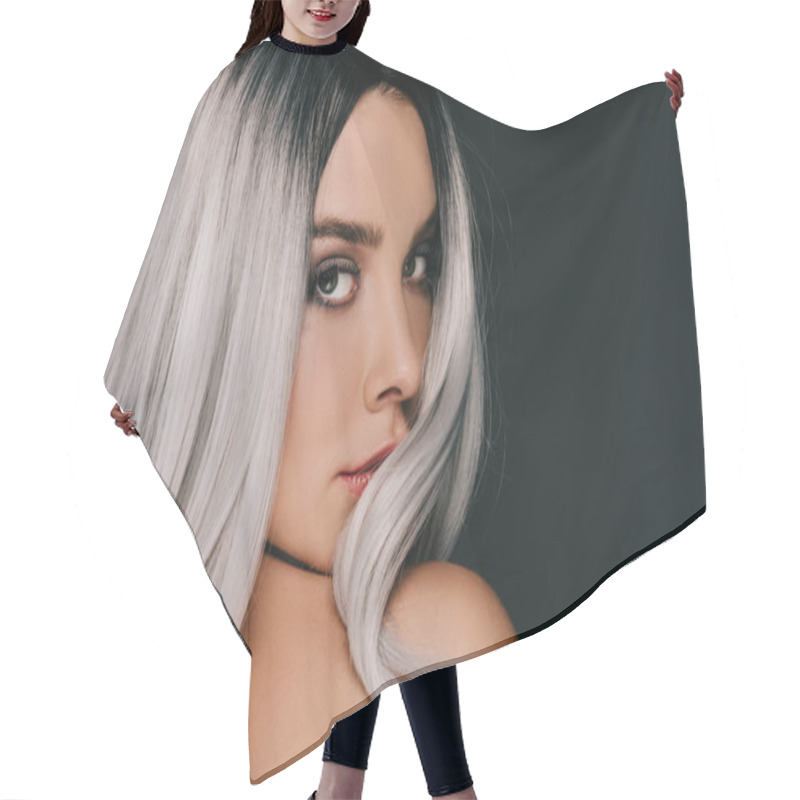 Personality  beautiful fashionable girl posing in grey wig, isolated on black hair cutting cape