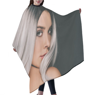 Personality  Beautiful Fashionable Girl Posing In Grey Wig, Isolated On Black Hair Cutting Cape