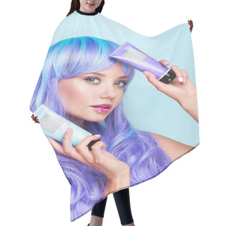 Personality  Attractive Young Woman With Tubes Of Coloring Hair Tonics Isolated On Blue Hair Cutting Cape