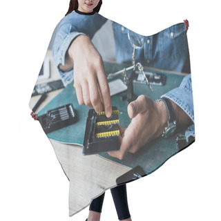 Personality  Cropped View Of Repairman Taking Screwdriver Bit From Holder While Sitting At Workplace On Blurred Background Hair Cutting Cape