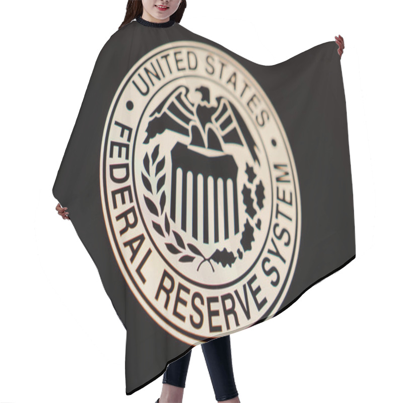 Personality  May 19, 2022 Barnaul Russia. Federal Reserve System Symbol On A Black Background Hair Cutting Cape