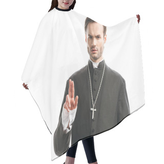 Personality  Confident, Strict Catholic Priest Showing Blessing Gesture Isolated On White Hair Cutting Cape