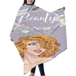 Personality  Beautiful Pin-up Style Sexy Woman With Red Hair Dreaming About Beauty Products For Makeup. Beauty And Fashion Industry Advertising Vertical Banner Vector Illustration Hair Cutting Cape