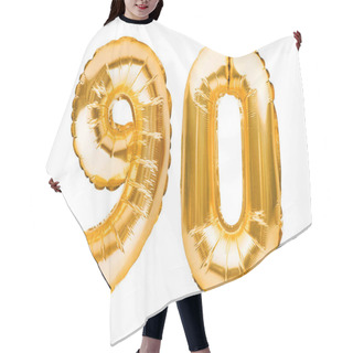 Personality  Number 90 Ninety Made Of Golden Inflatable Balloons Isolated On White. Helium Balloons, Gold Foil Numbers. Party Decoration, Anniversary Sign For Holidays, Celebration, Birthday, Carnival Hair Cutting Cape