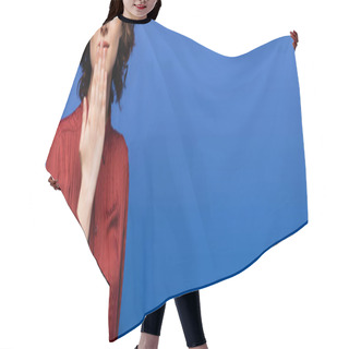 Personality  Partial View Of Young Woman In Burgundy Blouse Showing Symbol Meaning Thank You On Sign Language Isolated On Blue, Banner Hair Cutting Cape