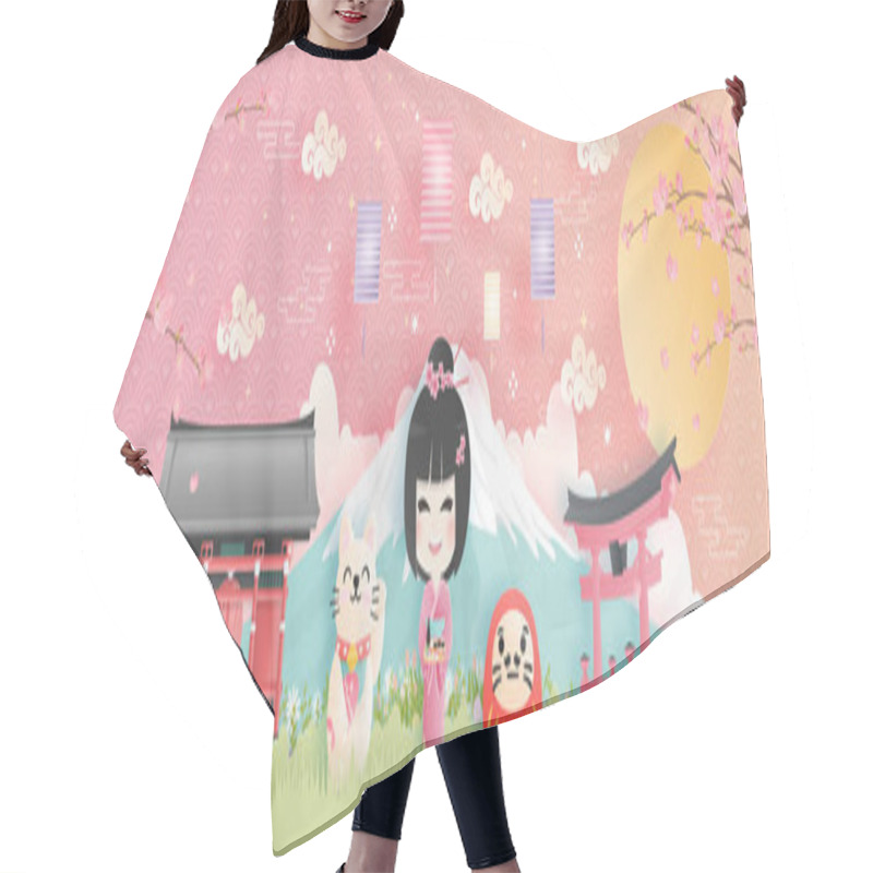 Personality  Travel postcard, poster, tour advertising of world famous landmarks of Japan with Fuji mountain and Japanese people in Kimono dress in paper cut style. Vector illustration  hair cutting cape