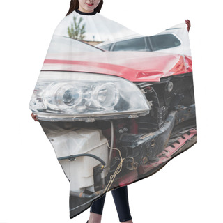 Personality  Selective Focus Of Damaged Red Vehicle After Car Accident  Hair Cutting Cape