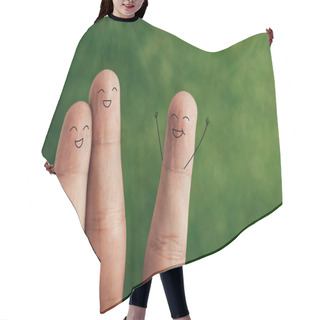 Personality  Cropped View Of Excited Human Fingers On Green Hair Cutting Cape