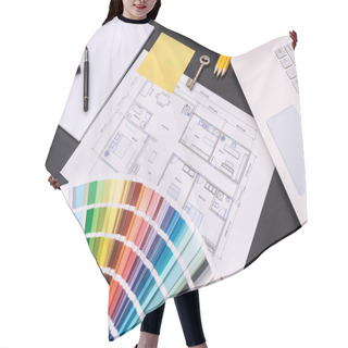 Personality  Color Swatch With Architectural Drawing On Table Hair Cutting Cape