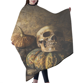Personality  Still Life Skull And Pumpkin On The Timber. Hair Cutting Cape