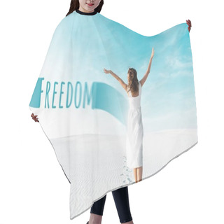 Personality  Back View Of Beautiful Girl In White Dress With Hands In Air On Sandy Beach With Blue Sky, Freedom Illustration Hair Cutting Cape