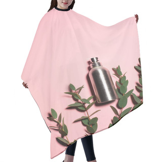 Personality  Top View Of Metal Bottle Of Perfume With Green Branches On Pink Surface Hair Cutting Cape