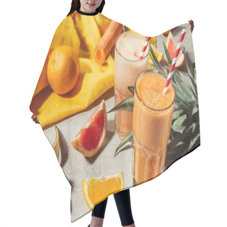 Personality  Glasses With Tropical Fruits Juice And Fruit Pieces On Grey Table Hair Cutting Cape