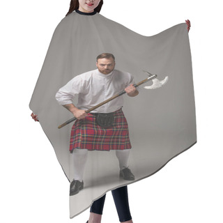 Personality  Angry Scottish Redhead Man In Red Kilt With Battle Axe On Grey Background Hair Cutting Cape