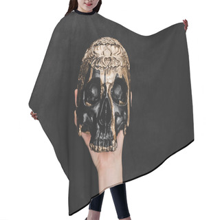 Personality  Cropped View Of Witch Holding Voodoo Skull On Black Hair Cutting Cape