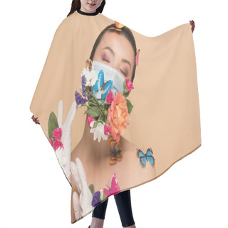 Personality  Beautiful Tender Asian Girl With Closed Eyes In Latex Gloves And Floral Face Mask With Butterflies Isolated On Beige Hair Cutting Cape