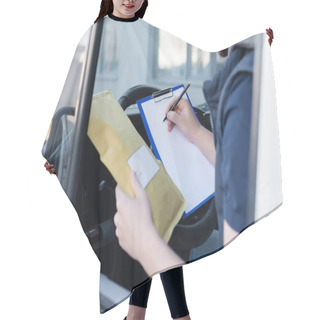 Personality  Cropped View Of Courier Writing On Clipboard And Holding Parcel In Car  Hair Cutting Cape