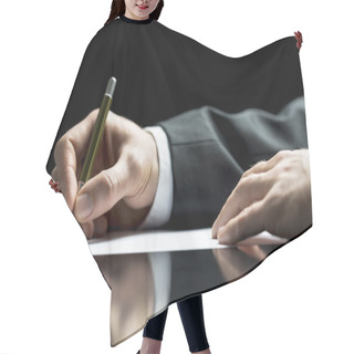 Personality  Businessman Writing A Letter Or Signing Hair Cutting Cape