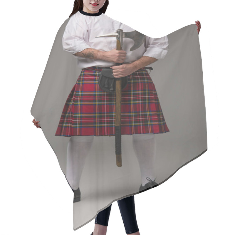 Personality  Cropped View Of Scottish Man In Red Kilt With Battle Axe On Grey Background Hair Cutting Cape