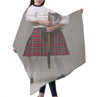 Personality  Cropped View Of Scottish Man In Red Kilt With Battle Axe On Grey Background Hair Cutting Cape