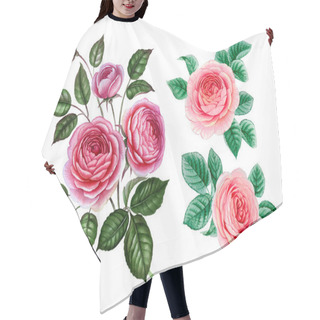 Personality  Pink And Purple Flowers. Watercolor Flowers. Peony Branch. Rose Branch. Leaves Isolated. Hair Cutting Cape
