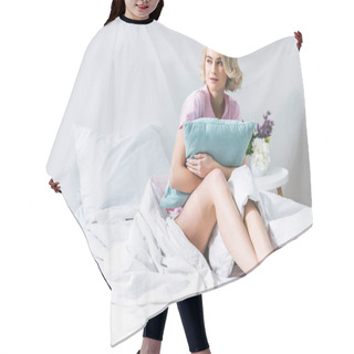 Personality  Blonde Girl Sitting With Pillow On Bed In The Morning Hair Cutting Cape