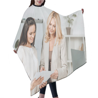 Personality  Beautiful Smiling Businesswomen Standing Together And Discussing Papers In Office Hair Cutting Cape