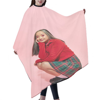 Personality  Full Length Of Happy Asian Woman With Heart Shaped Eye Makeup And Plaid Skirt Sitting On Pink Hair Cutting Cape