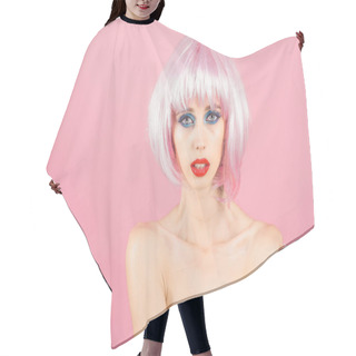 Personality  Woman With Pink Hair Wig And Fashionable Makeup Hair Cutting Cape
