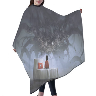 Personality  Nightmare Concept Showing A Boy On Bed Facing Giant Monster In The Dark Land, Digital Art Style, Illustration Painting Hair Cutting Cape