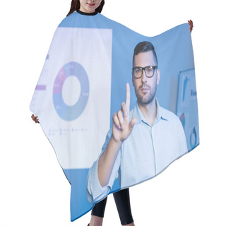 Personality  Businessman In Glasses Pointing With Finger Near Charts And Graphs  Hair Cutting Cape