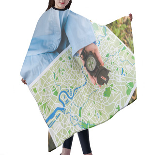Personality  Cropped View Of Traveler Holding Map And Compass Outside  Hair Cutting Cape