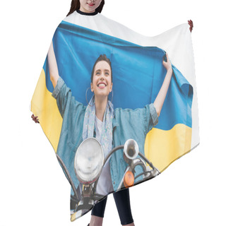 Personality  Low Angle View Of Beautiful Girl Sitting On Scooter, Smiling And Holding Ukrainian Flag Hair Cutting Cape