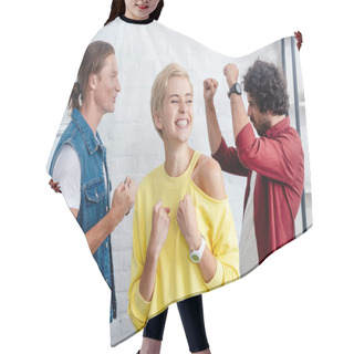 Personality  Happy Young Business Team Triumphing In Office  Hair Cutting Cape