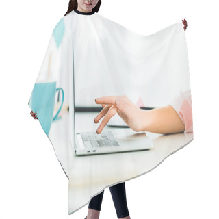 Personality  Partial View Of Woman Typing On Laptop Keyboard At Workplace Hair Cutting Cape