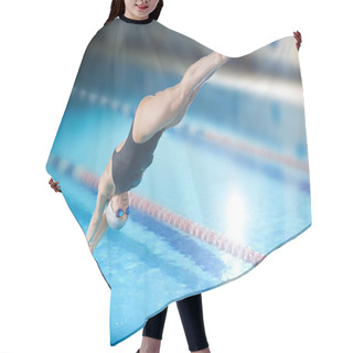 Personality  Female Swimmer Jumping Into Swimming Pool. Hair Cutting Cape