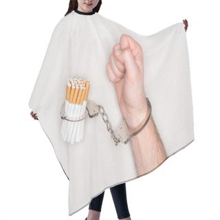 Personality  Cropped View Of Man In Handcuffs Posing With Cigarettes Isolated On Grey, Nicotine Addiction Concept Hair Cutting Cape