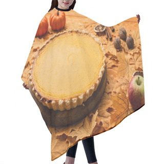 Personality  Pumpkin Pie With Autumnal Decoration On Wooden Background Hair Cutting Cape