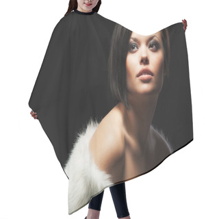 Personality  Beautiful Woman In White Fur Hair Cutting Cape