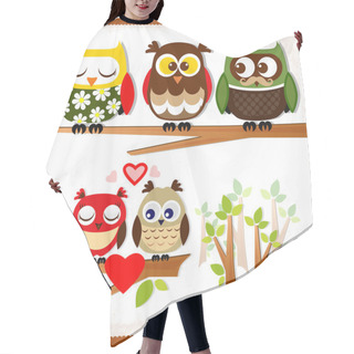 Personality  Set Of Five Owls With Various Emotions. Hair Cutting Cape