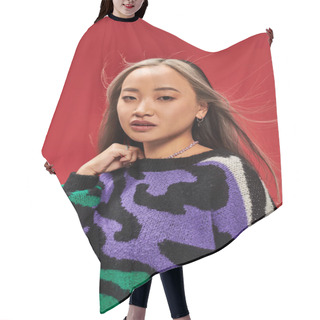 Personality  Beautiful Young Asian Woman With Dyed Hair In Vibrant Sweater With Animal Print Posing On Red Hair Cutting Cape