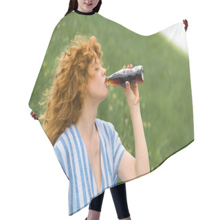 Personality  Side View Of Beautiful Redhead Woman Drinking Soda Outdoors  Hair Cutting Cape