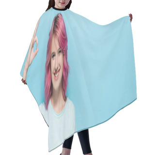 Personality  Young Woman With Pink Hair Showing Ok Sign On Blue Background, Panoramic Shot Hair Cutting Cape