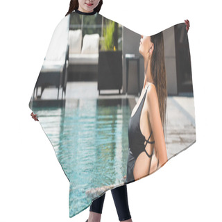 Personality  Panoramic Shot Of Beautiful Woman In Swimming Suit Posing In Swimming Pool Hair Cutting Cape
