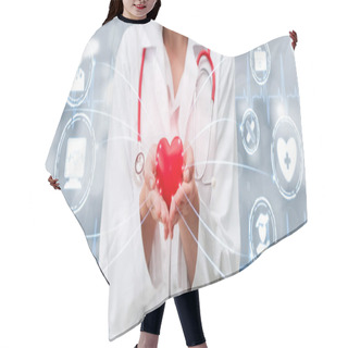 Personality  Medical Healthcare Concept - Doctor In Hospital With Digital Medical Icons Graphic Banner Showing Symbol Of Medicine, Medical Care People, Emergency Service Network, Doctor Data Of Patient Health. Hair Cutting Cape