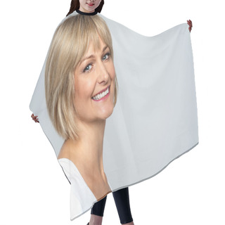 Personality  Smiling Middle Aged Woman Hair Cutting Cape